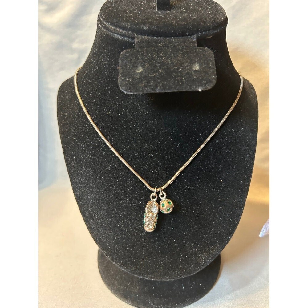 Silver Tone and Green Rhinestone Soccer Charm Necklace